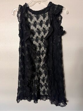 Vintage Robe Womens Black lace Sheer  Sleeveless Open Front negligee vest